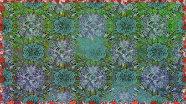 Renkli Bahar Temalı Kusursuz Arkaplan. Yeşil renkli çiçekler. Çiçekli, suluboya desenli kusursuz çiçek deseni. Raster illüstrasyonu. Düz Çiçek Elementleri Tasarımı.