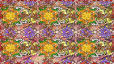 Düz Çiçek Elementleri Tasarımı. Renkli Bahar Temalı Kusursuz Arkaplan. Raster illüstrasyonu. Asya tekstil tarzında. Güzel kumaş deseni. Kusursuz çiçek deseni.