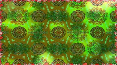 Çiçeklerle suluboya desenli çiçek deseni. Yeşil renkli Asya tekstili. Raster illüstrasyonu.