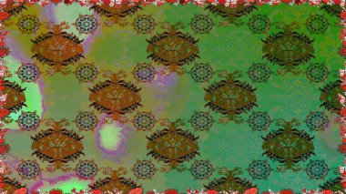 Yeşil renklere karalamalar çizen kusursuz çiçek deseni. Raster illüstrasyonu.