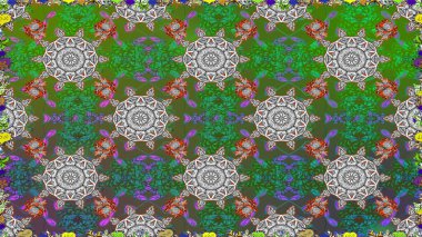 Raster illüstrasyonu. Şirin çiçekli kusursuz desen ve yeşil renkli yapraklar, suluboya çiçek deseni, duvar kağıdı, kart veya kumaş için fayanslı.