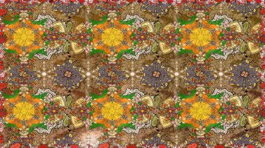 Renkli Bahar Temalı Kusursuz Arkaplan. Kusursuz desenli, modaya uygun kumaş deseni. Şirin çiçek elementleri. Raster illüstrasyonu. Düz Çiçek Elementleri Tasarımı.