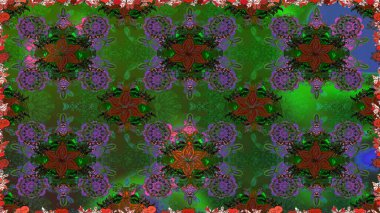 Tekstil, kumaş, kapaklar, duvar kağıtları, baskı, naylon, yapıştırma, örgü, dekupaj için çiçeksiz arkaplan. Millefleur 'lar. Küçük yeşil çiçekli oldukça eski bir besin torbası deseni..