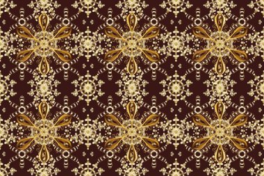 Raster illüstrasyonu. Kusursuz damaske klasik altın desen. Kahverengi, nötr ve bej renklerde altın sarısı elementlerle altın pürüzsüz desen. Tekrarlayan ögelerle soyut arkaplan Raster.