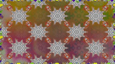 Renkli şal desenli, kahverengi çiçekli ve dekoratif elementli kusursuz desen. Raster illüstrasyonu. Kumaş, tekstil, duvar kağıdı baskısı için. Kusursuz bir geçmişi var. Antika retro tarzı.