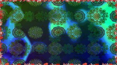 Çiçekleri, deniz kabukları, mandalaları ve suluboya efektleriyle donanma geçmişi. Yatak çarşafları, ceket, paket tasarımı, kumaş ve moda kavramları için tekstil baskısı. Kusursuz etnik tasarım.