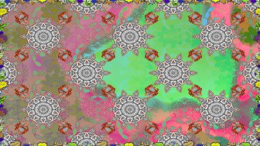 Halk tarzı. Moda baskıları için zarif bir şablon. Parlak renkli çiçekleri ve yeşil renkli yaprakları olan kusursuz çiçek desenleri. Modern çiçek arkaplanı.