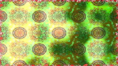 Raster illüstrasyonu. Eski usul. Kusursuz bir geçmişi var. Kumaş, tekstil, duvar kağıdı baskısı için. Renkli desenli kusursuz desen, yeşil çiçekler ve dekoratif elementler..