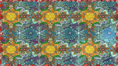 Raster Çiçek İllüstrasyonu 'nun şirin tekstili. Yeşil, mavi ve nötr renklerdeki etnik çiçeklerle kusursuz bir desen..