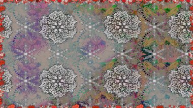 Renkli Bahar Temalı Kusursuz Arkaplan. Düz Çiçek Elementleri Tasarımı. Asya tekstil tarzında. Kusursuz çiçek deseni. Raster illüstrasyonu. Güzel kumaş deseni.