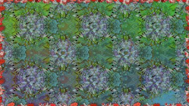 Yaprak ve çiçeklerin suluboya resimleri, yeşil renklerde kusursuz desenler. Raster illüstrasyonu. Yumuşak, yeşil renkte bahar çiçekleri.