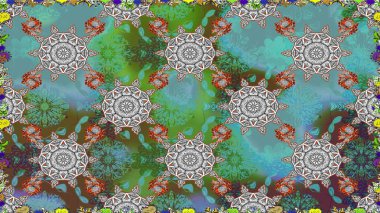 Raster illüstrasyonu. Mavi renklere karalamalar çizen kusursuz çiçek deseni.