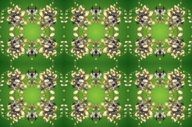 Süslü dekorasyon. Yeşil, bej ve gri renklerdeki altın desenli altın elementler. Lüks, kraliyet ve Viktorya dönemi konsepti. Raster klasik barok çiçeksiz altın desenli..