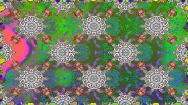 Küçük çiçekteki sevimli çiçek deseni. Bir sürü yeşil ve soyut çiçekli tropik, pürüzsüz bir desen. Varicologreen raster kusursuz illüstrasyon.