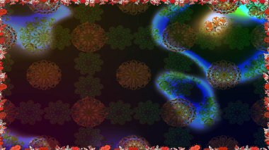 Raster illüstrasyonu. Renkli Bahar Temalı Kusursuz Arkaplan. Güzel kumaş deseni. Düz Çiçek Elementleri Tasarımı. Kusursuz çiçek deseni. Asya tekstil tarzında.