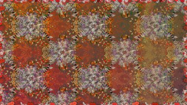 Renkli Bahar Temalı Kusursuz Arkaplan. Kahverengi renkli çiçekler. Raster illüstrasyonunda kusursuz çiçek deseni. Düz Çiçek Elementleri Tasarımı.