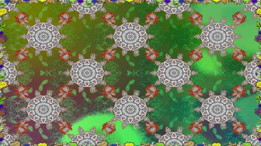 Halk tarzı. Moda baskıları için zarif bir şablon. Parlak renkli çiçekleri ve yeşil renkli yaprakları olan kusursuz çiçek desenleri. Modern çiçek arkaplanı.