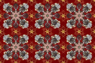 Klasik oryantal desen kırmızı, gri ve kahverengi renkler üzerinde. Damask pürüzsüz süsü. Geleneksel raster ve altın desen.