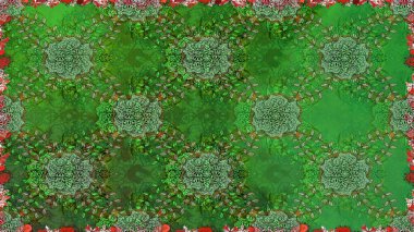 Çiçekli, suluboya desenli kusursuz çiçek deseni. Düz Çiçek Elementleri Tasarım Raster illüstrasyonu. Yeşil renkte çiçekler. Renkli Bahar Teması: Kusursuz Arkaplan.