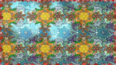 Mavi, yeşil ve nötr renkler. El çizimi, soyut ve süslü elementler. Yaz çiçekleri teması. Suluboya resim taklit Raster çizimi. Klasik çiçekler..