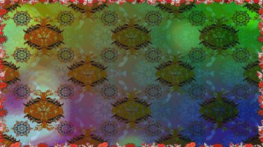 Modern çiçek arkaplanı. Moda baskıları için zarif bir şablon. Halk tarzı. Parlak renkli çiçekleri ve yeşil yaprakları olan, kusursuz çiçek desenleri..