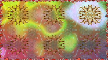 Eski usul. Raster illüstrasyonu. Kumaş, tekstil, duvar kağıdı baskısı için. Renkli şal desenli, kahverengi çiçekli ve dekoratif elementli kusursuz desen. Kusursuz arkaplan.