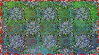 Renkli süs kenarı. Kusursuz desen. Çiçek duvar kağıdı. Raster illüstrasyonu. Yeşil renklerde. Hint süsü..