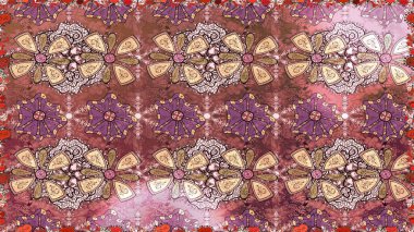 Düz Çiçek Elementleri Tasarımı. Sevimli çiçek raster deseni. Renkli Bahar Temalı Kusursuz Arkaplan. Kahverengi renkte çiçekler.