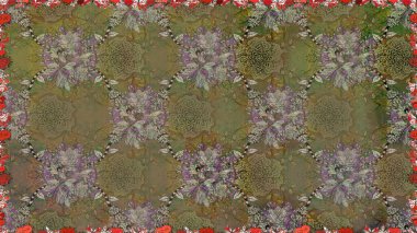 Parmak izi, kumaş, duvar kâğıdı, tekstil için raster dokusu. İşlemeli çiçekli, dikişsiz desen. Renkli grunge soyut arkaplanı colokahverengi çiçeklerle zenginleştirir.