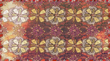 Güzel kumaş deseni. Asya tekstil tarzında. Düz Çiçek Elementleri Tasarımı. Renkli Bahar Temalı Kusursuz Arkaplan. Raster illüstrasyonu. Kusursuz çiçek deseni.