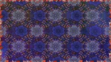 Çiçekli ipek eşarp. Retro tekstil tasarım koleksiyonu. Violet menekşe üzerinde. El çizimi çiçek unsurları olan soyut, dikişsiz raster deseni. 1950 'ler-1960' lar motifleri.