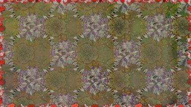 Parmak izi, kumaş, duvar kâğıdı, tekstil için raster dokusu. İşlemeli çiçekli, dikişsiz desen. Renkli grunge soyut arkaplanı colokahverengi çiçeklerle zenginleştirir.