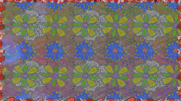 Kusursuz süs izi. Etnik Mandala havlusu. Tebrik kartı geçmişi, boyama kitabı, arkaplan ve tekstil için kullanılabilir. Raster Henna tarzı. Sınır Hindistan çiçek desenli paisley patentli.