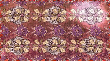 Raster illüstrasyonu. Kumaş, tekstil, duvar kağıdı baskısı için. Renkli şal desenli, kahverengi çiçekli ve dekoratif elementli kusursuz desen. Kusursuz bir geçmişi var. Antika retro tarzı.