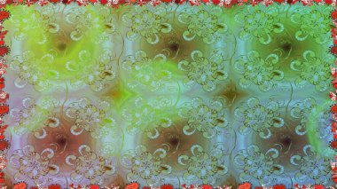 Kusursuz bir arka plan modeli. Raster - stok. Yapraklı çiçekler ve yeşil renkli papatya çiçekleri..