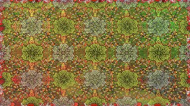 Kahverengi üzerine kahverengi. Retro tekstil tasarım koleksiyonu. Çiçekli ipek eşarp. 1950-1960 motifleri. El çizimi çiçek elementleriyle soyut, dikişsiz raster deseni..