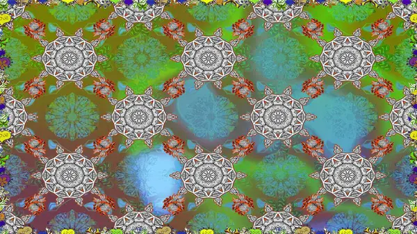 Çiçek yeşili, pürüzsüz desen. Raster Yumuşak kumaş deseni. Raster çiçek izi. Klasik taslak çizimi.