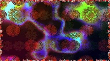 Renkli grunge, soyut arkaplanı colokahverengi çiçeklerle süslüyor. Parmak izi, kumaş, duvar kâğıdı, tekstil için raster dokusu. İşlemeli çiçek desenli..