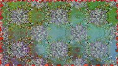 Yeşil renkli Asya tekstili. Kusursuz çiçek deseni. Raster illüstrasyonu.