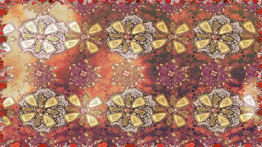 Çiçekli kusursuz retro desen. Renkli Yaz Temalı Kusursuz Arkaplan. Düz Çiçek Elementleri Tasarımı. Bej renkte çiçekler.