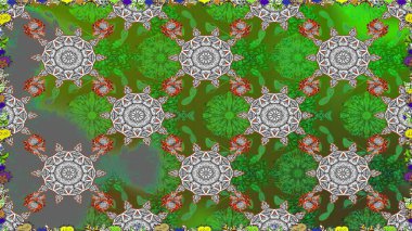 Raster çiçekleri klasik tarzda çizilmiş. Yumuşak, yeşil renkli bahar çiçekleri. Raster illüstrasyonu. Çiçekli, pürüzsüz desen.