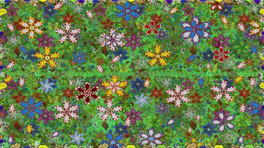 Küçük çiçekte hoş bir çiçek deseni var. Çiçeksel elementlerle süslenmiş zarif raster dokusu. Yeşil renkler ve parlak çiçekler üzerinde soyut, pürüzsüz desen.