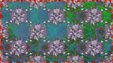 Zentangle soyut çiçekleri. Güzel kumaş deseni. Karalama çiçeği. Raster illüstrasyonu. Renkli Bahar Temalı Kusursuz Arkaplan. Düz Çiçek Elementleri Tasarımı.
