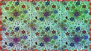 Raster illüstrasyonu. Hint süsü. Kusursuz desen. Renkli süs kenarı. Yeşil renklerde. Çiçek duvar kağıdı.