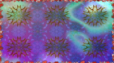 El çizimi çiçek unsurları olan soyut, dikişsiz raster deseni. 1950-1960 motifleri. Retro tekstil tasarım koleksiyonu. Çiçekli ipek eşarp. Violet menekşe üzerinde.