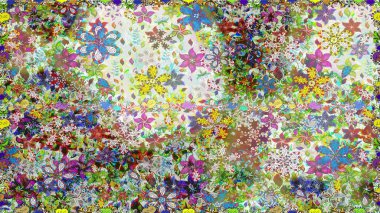 Tarafsız renklerde çok renkli, zarif küçük çiçekler ve komik böcekler, raster deseni, illüstrasyon.