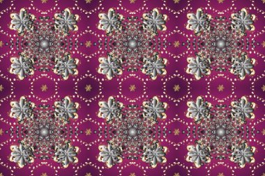 Mor, gri ve kahverengi renklerde altın elementlerle kusursuz desen. Raster illüstrasyonu. Kusursuz klasik raster altın desenli. Klasik klasik klasik arka plan. Geleneksel oryantasyon süsü.