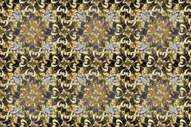 Raster altın desen. Kusursuz altın desenli bukleler. Doğu tarzı arabesk. Altın elementli gri, kahverengi ve bej renkler. Raster illüstrasyonu.