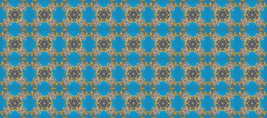 Süslü dekorasyon. Damask altın soyut çiçek deseni mavi, gri ve kahverengi renklerde. Raster illüstrasyonu.