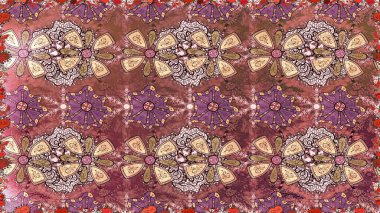 Moda baskıları için zarif bir şablon. Modern çiçek arkaplanı. Halk tarzı. Parlak renkli çiçeklerle ve kahverengi renklerde yapraklarla şaşırtıcı, pürüzsüz çiçek deseni.